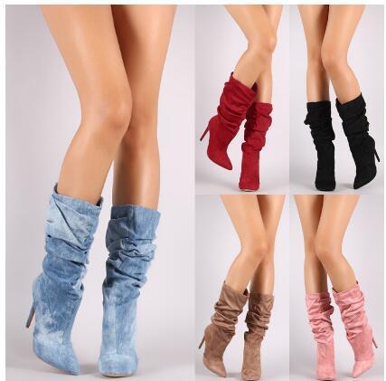 Distressed Denim Stiletto Boots with Slouchy Ruched Design