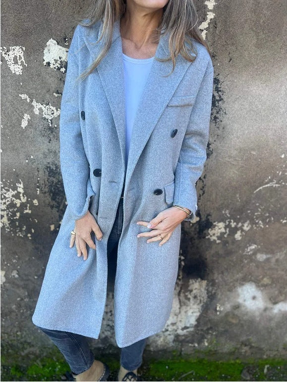 Elegant Long Tailored Coat – Timeless Double-Breasted Design
